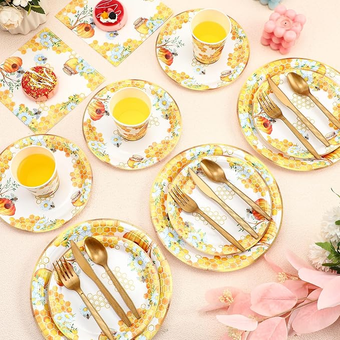 350 Pcs Tea Party Supplies Spring Summer Sage Green Sunflower Party Tableware Set Disposable Plates Napkins Paper Cups Plastic Cutlery Set For Birthday Bridal Baby Shower Serves 50(Bee)