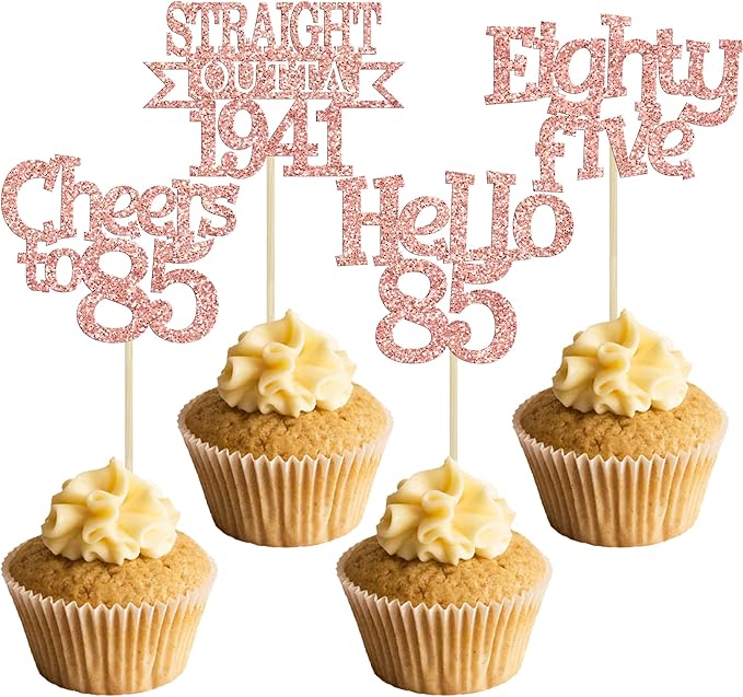 Ephlyn 24Pcs 85th Birthday Cupcake Toppers Glitter Straight Outta 1941 Cupcake Picks Hello 85 Cheers to 85 Years Cake Decorations for 85th Birthday Anniversary Party Decorations Supplies Rose Gold