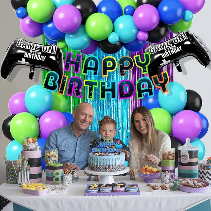 Video Game Birthday Decorations for Boys, Purple Blue Green Black Latex Balloons Gaming Controller Foil Balloons Happy Birthday Banner Fringe Curtain Cake Topper for Kids Boy Game Night Party Decor