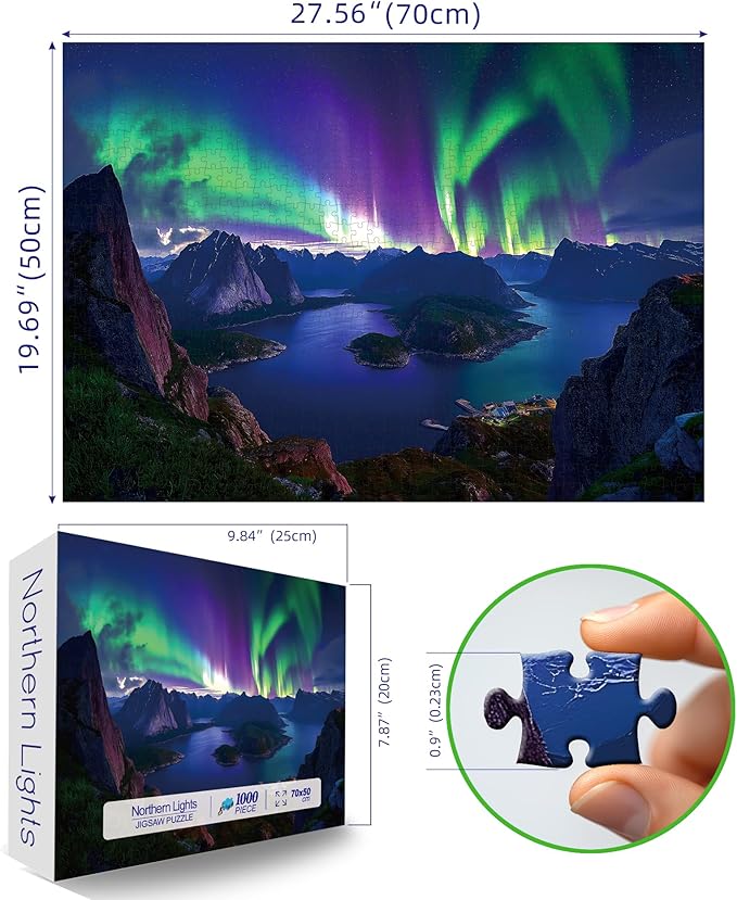 Blueforest 1000 Piece Aurora Jigsaw Puzzle for Adults - 27.5x19.7 Inch Stunning Lofoten Islands Northern Lights & Mountain Landscape, Unique Art Puzzle for Home Decor