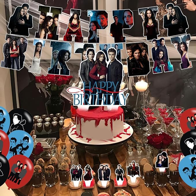 The Vampire Diaries Party Decorations,Birthday Party Supplies For Party Supplies Includes Banner - Cake Topper - 24 Cupcake Toppers - 18 Balloons-6 Swirls