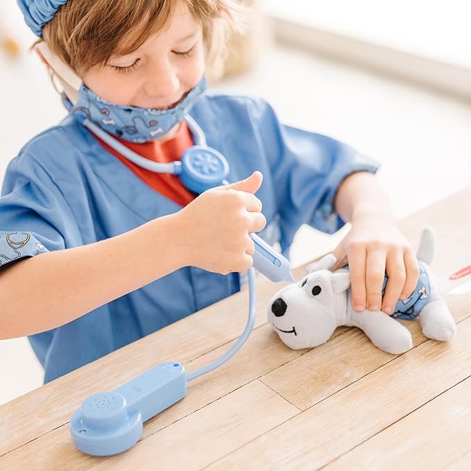 Melissa & Doug Veterinarian Role Play Costume Dress-Up Set, Kids Vet Pretend Play Outfit with Plush Dog, Electronic Stethoscope & Animal Doctor Toys for Kids 3+