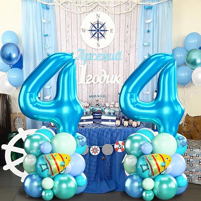 40 Inch Number 4 Balloon Blue Ocean Under the Sea Number Four Foil Balloons Tower with Shark Bubble Fish for Boys 4th Birthday Party Decor Blue Green Underwater Digital Aluminum Balloons Stack
