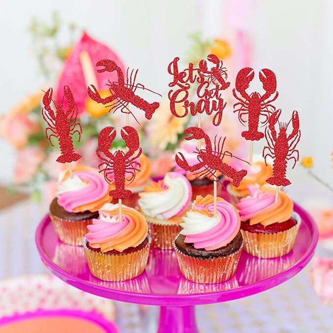 24 PCS Crawfish Cupcake Toppers Red Glitter Let's Get Cray Lobster Cupcake Picks Crawfish Party Cake Decorations for Lobster Theme Carnival Baby Shower Birthday Single Divorce Party Supplies