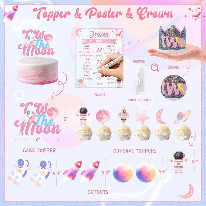 Two the Moon Birthday Decorations Girl, Outer Space 2nd Birthday Party Decorations, Two the Moon Backdrop Cake Cupcake Topper Balloon Garland Two Years Old Girl Party Supplies Kit Moon Themed for Girl