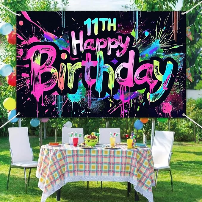Neon 11th Happy Birthday Banner 71x43 Inch Paint Splatter Glow in The Dark Party Backdrop Colorful Wall Decor for Kids Boys Girls Eleventh Birthday Celebrations Photo Booth Props Event