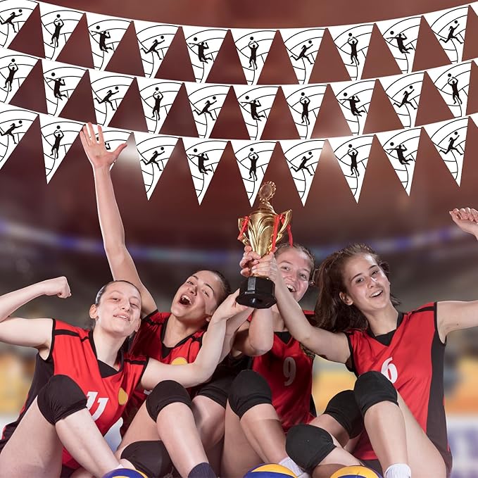 Jetec 5 Pack Volleyball Party Decorations - 49 Ft Sports Pennant Banner Flags for Senior Night, Team Banquet, Birthday Supplies - Black & White Triangle Garland for Indoor Outdoor Decor