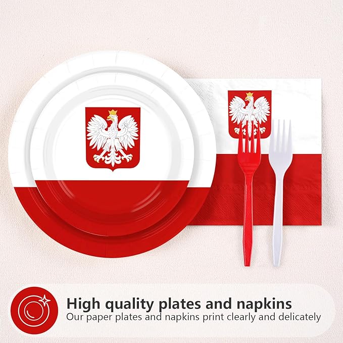 96Pcs Poland Flag Party Decorations National Country Decoration Poland National Day Plates and Napkins Tableware Set for Polish Red and White Patriotic Festival Party Supplies，Serves 24