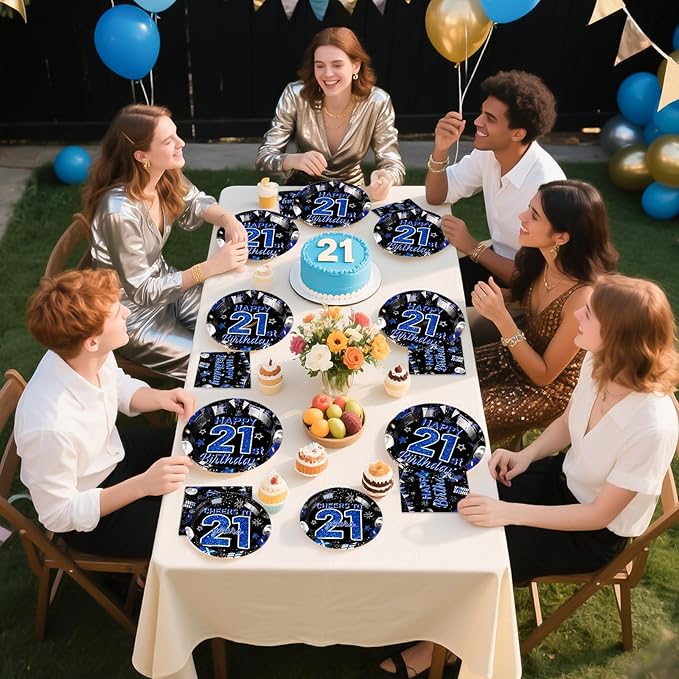 Grencian 96Pcs 21st Birthday Decorations Blue Black 21st Birthday Plates and Napkins Cheers to 21 Tableware Set for 21 Years Old Boys Girls Legal Birthday Celebration Party Supplies, Serves 24