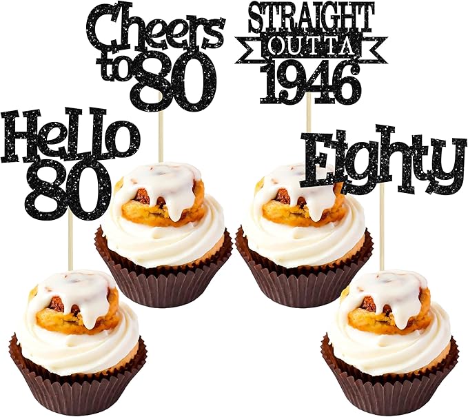 Ephlyn 24Pcs Happy 80th Birthday Cupcake Toppers Glitter Straight Outta 1946 Cupcake Picks Hello 80 Cheers to 80 Years Birthday Cake Decorations for 80th Birthday Anniversary Party Supplies Black
