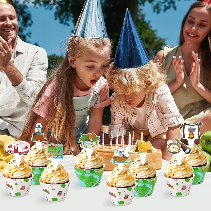 48 Pack Camping Cupcake Toppers and Wrappers, Woodland Adventure Party Cake Decoration for Camping Theme Birthday Party Baby Shower Supplies