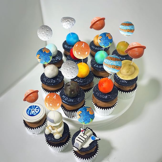 Ephlyn 18Pcs Outer Space Cupcake Toppers Planet Star Moon Cupcake Picks Solar System Galaxy Universe Planets Birthday Cupcake Decorations Party Supplies
