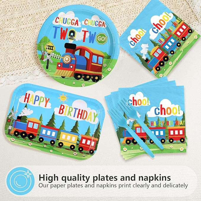 96 Pcs Train 2nd Birthday Party Decorations Chugga Chugga Two Two Plates and Napkins Disposable Railroad Transportation Tableware Set for Kids Train Theme 2 Year Old Birthday Party Supplies Serves 24