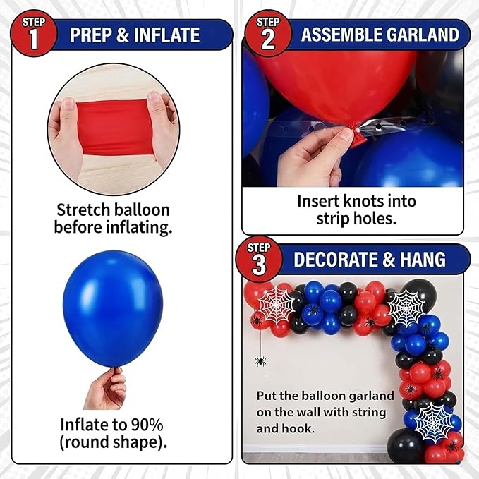 105Pcs Birthday Decorations for Boys, Red Blue Black Silver Balloon Garland Arch Kit with Starburst Foil Balloons for Kids City Defender Comic Vibe Baby Shower Party Supplies