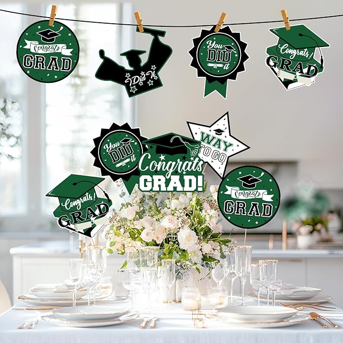 24Pcs Graduation Party Decorations Class of 2026, Graduation Centerpieces for Tables, 2026 Congrats Grad Party Centerpiece Stick Table Toppers for Graduation Party Supplies (Green)