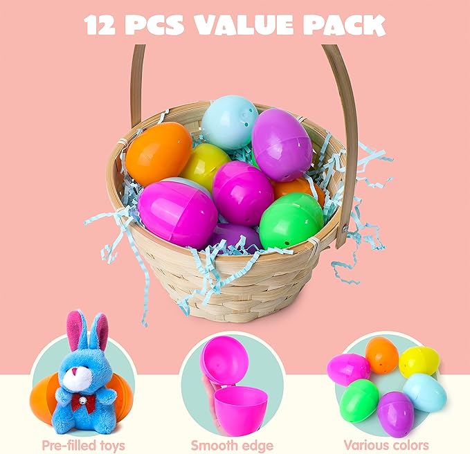 JOYIN 12 Pcs Filled Easter Eggs with Plush Bunny, Bright Colorful Bunnies for Kids and Toddlers, Easter Basket Stuffers and Party Favors, Classroom Prize Supplies