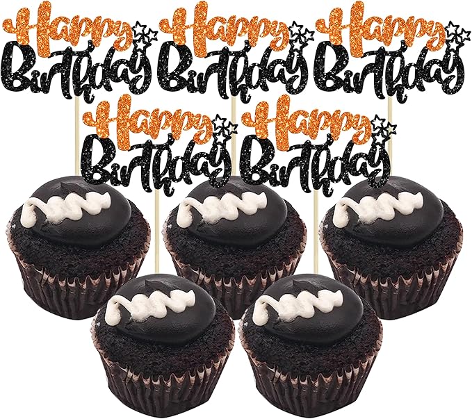 Ephlyn 24Pcs Happy Birthday Cupcake Toppers Double Layer Glitter Happy Birthday Cake Decorations for Halloween Baby Shower Theme Anniversary Party Cake Decorations Supplies Black Orange