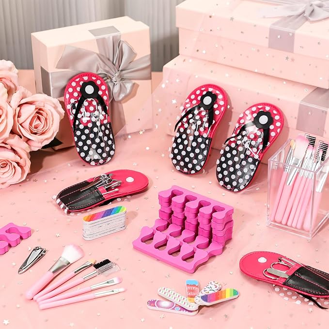 12 Sets Spa Sleepover Party Supplies Party Favors Include Nail Clipper Set, Makeup Brushes, Rose Red Toe Separators, Nail Files for Women Spa Movie
