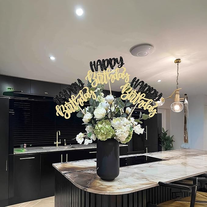 Gyufise 12Pcs Happy Birthday Centerpieces Sticks Double Sided Glitter Birthday Party Decorations Anniversary Table Flower Centerpiece for Celebrating Party Supplies Black Gold