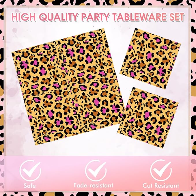 40 PCS Pink Cheetah Print Birthday Decorations Disposable Safari Animal Leopard Theme Tableware Set includes Cheetah Plates and Napkins for Leopard Wild Theme Party Supplies Serves 20 Guests