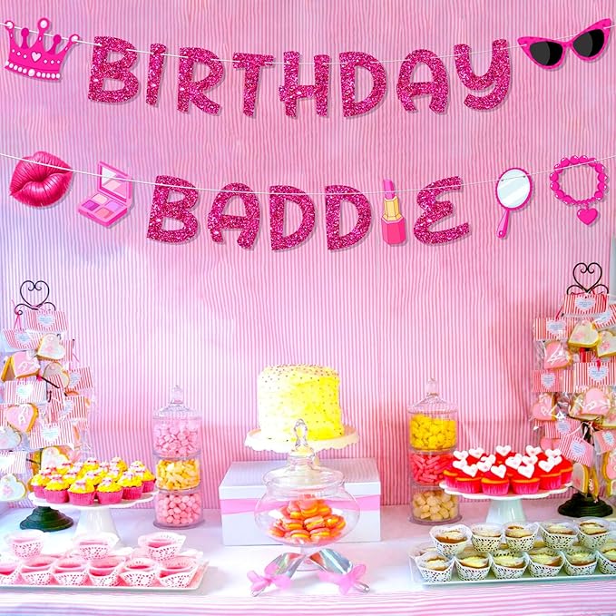 Pre-Strung Hot Pink Birthday Baddie Decorations, NO DIY Glitter Birthday Baddie Banner, Funny Brithday Party Supplies for Women and Girls