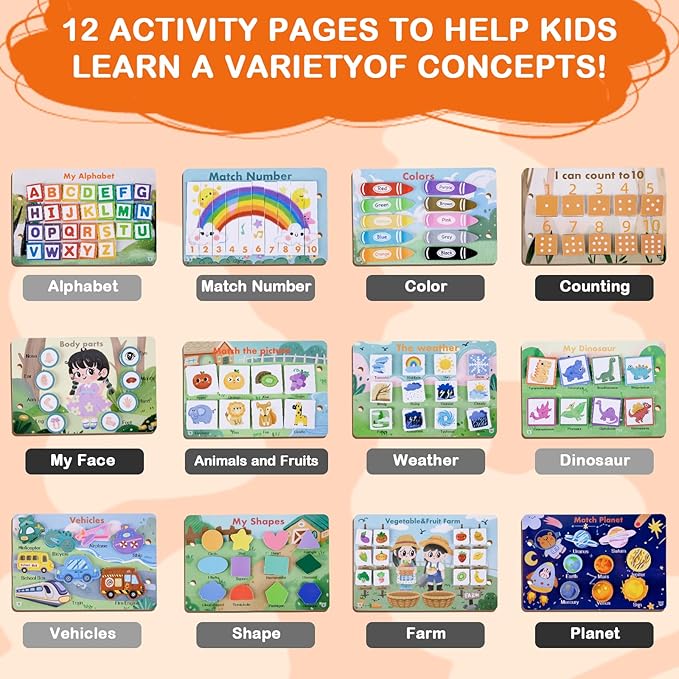 NAHSHON Small Montessori Busy Book for Toddlers 2-5, 12 Themes Preschool Learning Activities Educational Sorting Toys for Kids 3 Year Old, Autism Sensory Fine Motor Matching Games for Toddlers