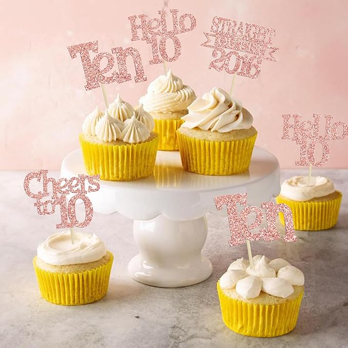 Ephlyn 24Pcs Happy 10th Birthday Cupcake Toppers Glitter Ten Cupcake Picks Hello 10 Cheers to 10 Years Cake Decorations for 10th Birthday Anniversary Party Decorations Supplies Rose Gold