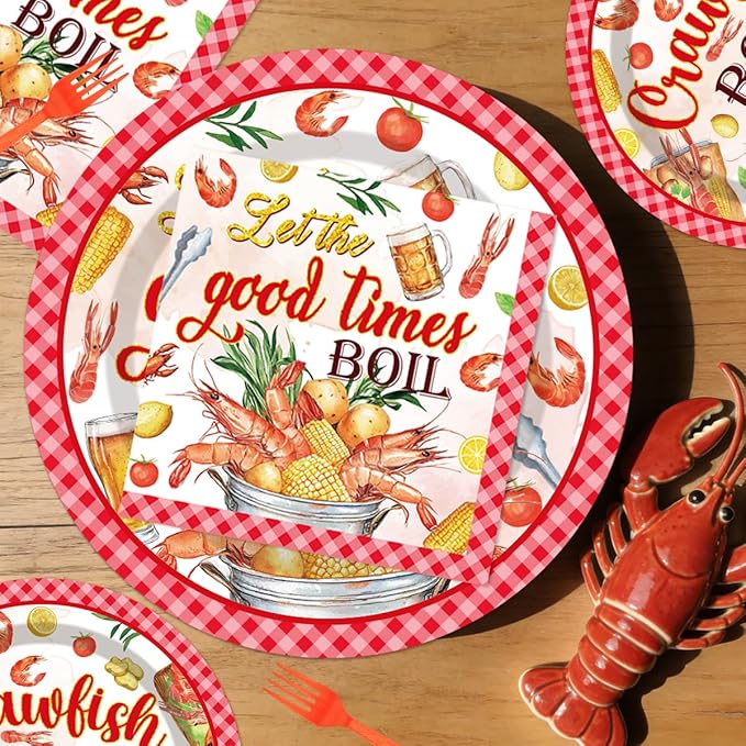 96Pcs Crawfish Boil Party Supplies Tableware Set Let The Good Times Boil Paper Plates Napkins Forks Lobster Seafood Boil Birthday Theme Party Supplies Serve 24 Guests