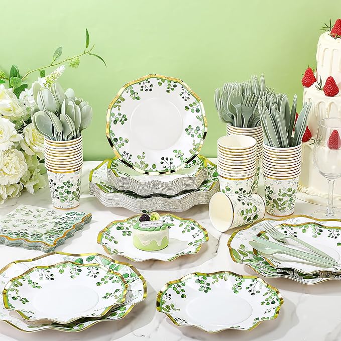 350 Pcs Sage Green Party Supplies Tableware Set Disposable 9'' 7'' Paper Plates 9 oz Cups Cutlery Napkins Dinnerware Set for Wedding, Bridal Birthday Serve 50 (Sage, Green, Gold)