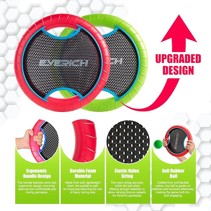 EVERICH TOY Trampoline Paddle Ball Set with 2 Bouncy Paddles & 4 Balls - Soft Foam Design for Kids Play Indoor Outdoor Beach Backyard Lawn - Great Gift Idea for Boys & Girls (Green & Red)