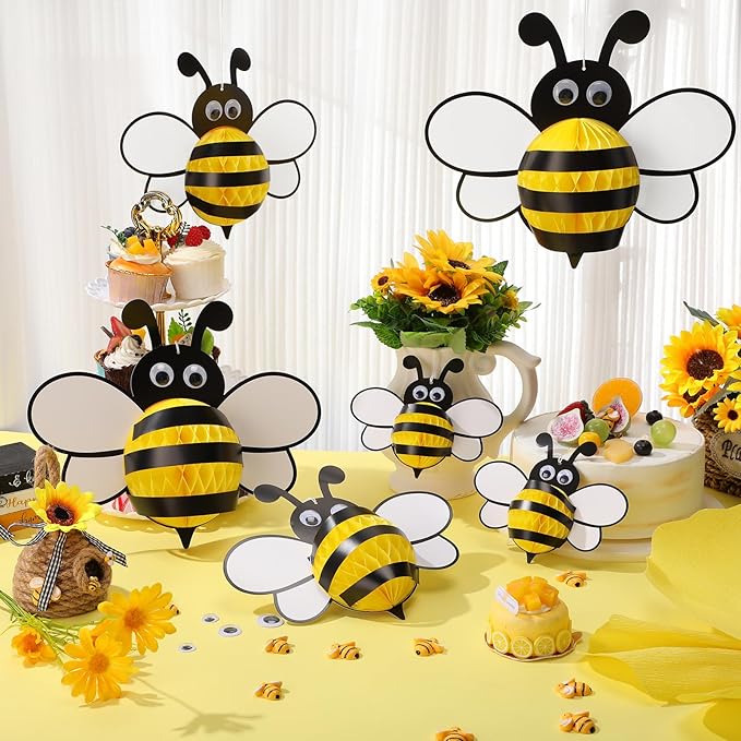 Amyhill 12 Pcs Large Bee Birthday Party Decorations Hanging 3D Bee Honeycomb Centerpieces Table Toppers Decoration for Birthday Baby Shower Party Supplies