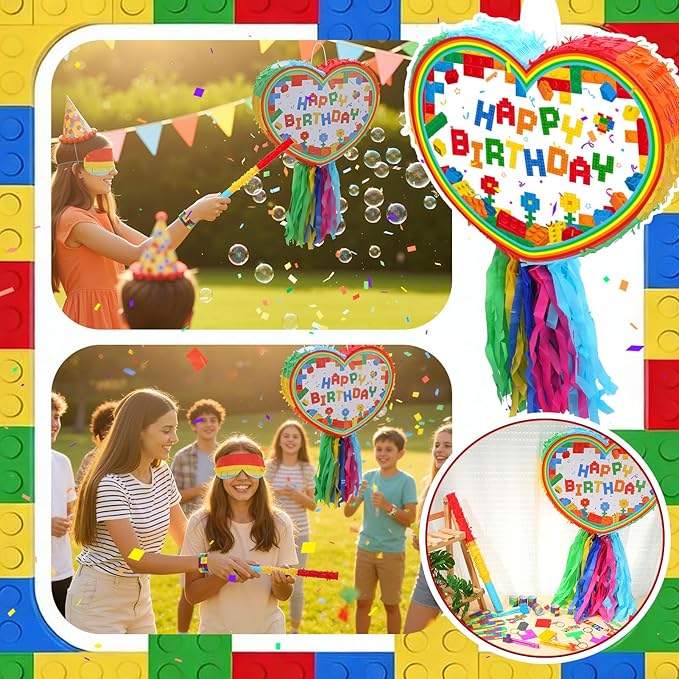 Birthday Building Block Piñata Set Heart Pull String Piñata Party Kit with Blindfold Hitting Stick Confetti Keychains Bubble Bottles Slap Bracelets Stickers for Carnival Party Favors