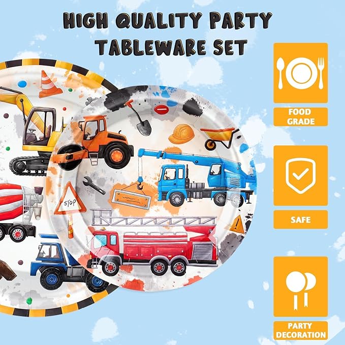 WERNNSAI Construction Birthday Supplies - 48PCS Construction Party Plates and Napkins Truck Theme Party Supplies Dump Truck Party Tableware Set for Boys Kids Baby Shower Birthday Serves 16 Guests
