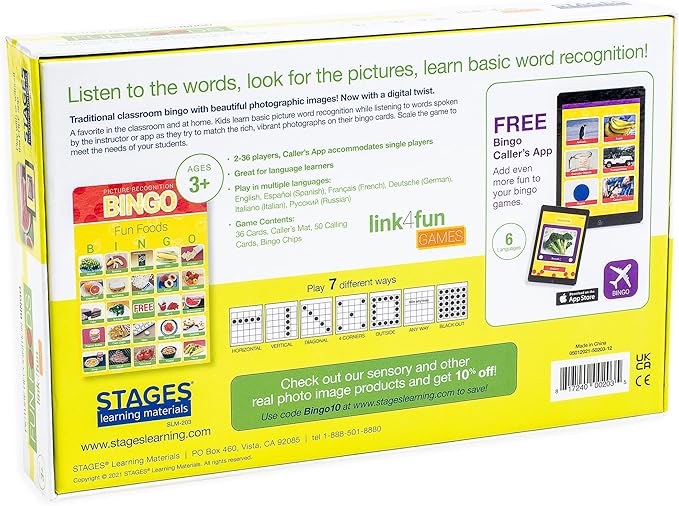 Stages Learning Materials Link4fun Real Photo Fun Food Bingo Game for Family, Preschool, Kindergarten, Elementary Education: 36 Picture Cards and App