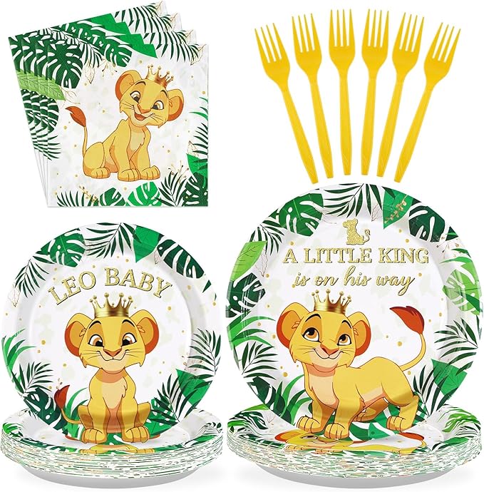 96 PCS Lion Baby Shower Supplies - 350GSM Jungle Lion Party Plates, Napkins & Tableware Sets - A Little King is on His Way - Safari Baby Shower Birthday Party Favors - Serves 24
