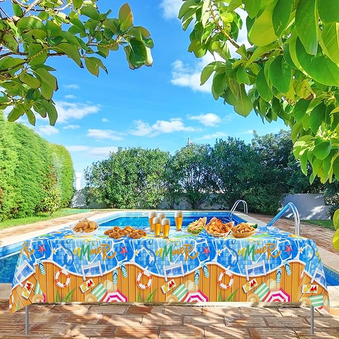 3 Pieces Pool Party Plastic Tablecloths, 54 * 108 Inch Summer Beach Table Covers, Hawaiian Beach Theme Table Cloth for Pool Party Decorations
