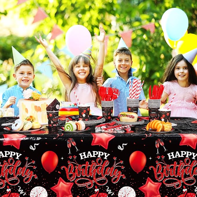 Norme 176 Pcs Black and Red Birthday Tableware Set Birthday Decoration Includes Tablecloth Paper Plates Napkins Paper Cups Forks Knifes and Straws for 25 Guests Party Supplies (Vibrant)