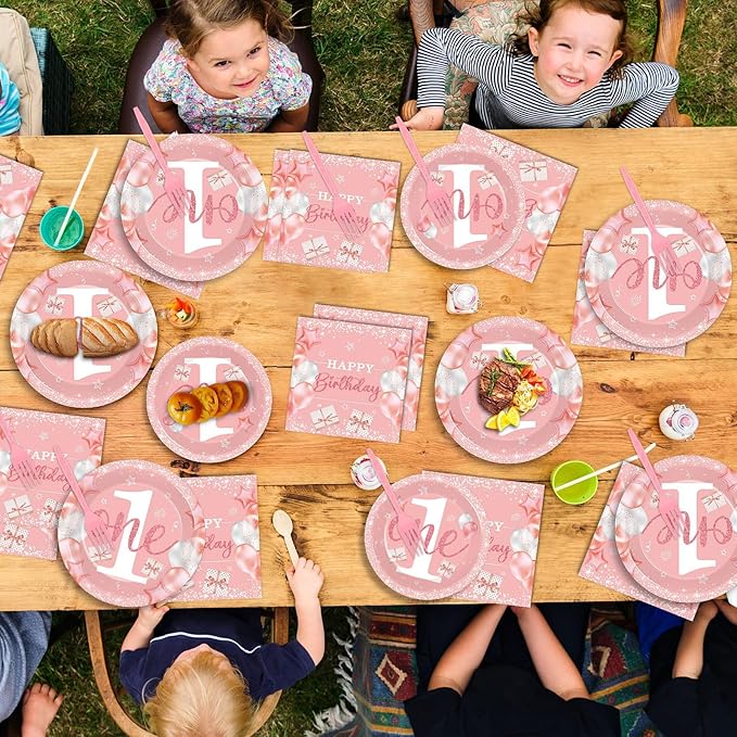 96 Pcs Girl 1st Party Supplies Pink One Year Old Paper Plates Baby Girl 1st Birthday Decoration Pink DisposableTableware Set Bridal Shower Birthday Party Paper Plate Napkin Fork 24 Guests