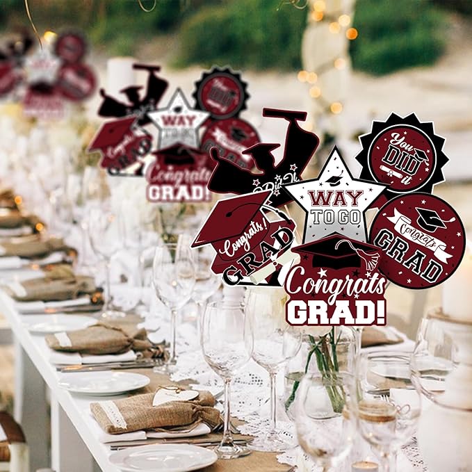 24Pcs Graduation Party Decorations Class of 2026, Graduation Centerpieces for Tables, 2026 Congrats Grad Party Centerpiece Stick Table Toppers for Graduation Party Supplies (Maroon)