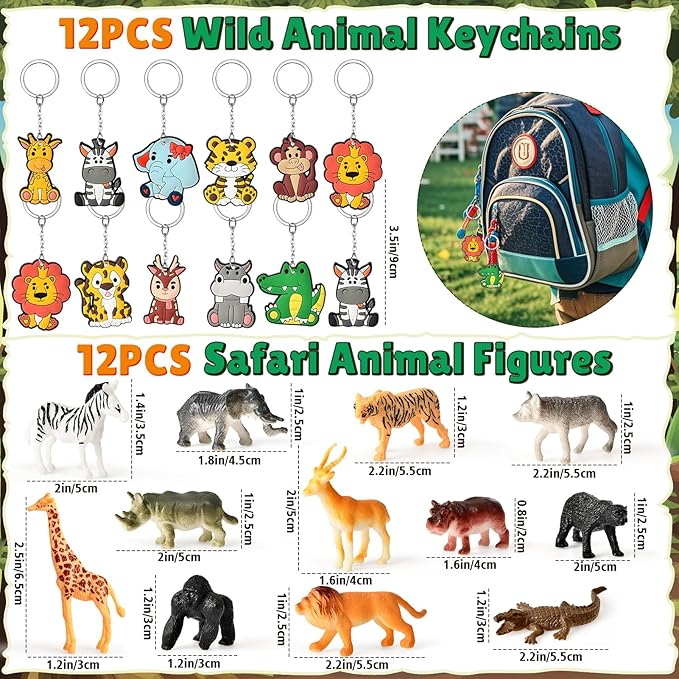 Winrayk 12 Sets Jungle Safari Party Favors Wild Animals Birthday Supplies, Tote Bag Paper Glasses Animal Figure Silicone Wristband Keychain, Goodie Bag Stuffers Kids Girl Boy Safari Jungle Party Decor