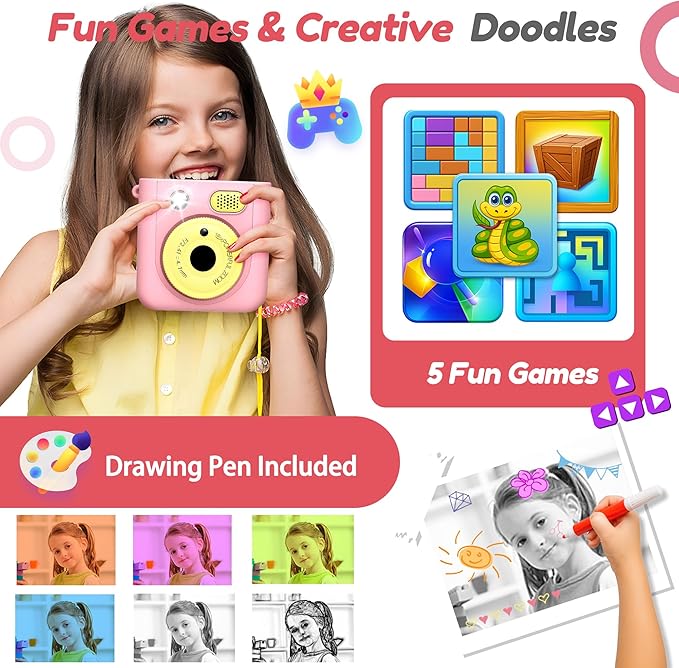 Instant Camera for Kids, Digital Print Camera 48MP 1080P, Color & B&W Printing, 2.4" Display, USB-C Rechargeable, 32GB Card, Christmas & Birthday Gifts for 3-12 Year Old Girls Boys (Pink)