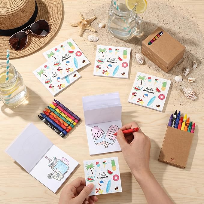 270 Pcs Mini Summer Coloring Books with 30 Pcs 8 Colors Crayons Summer Pool Beach Coloring Book Party Favors DIY Art Drawing Book for Kids Activities DIY Craft Activity Supplies