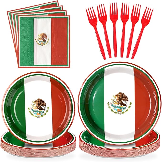Grencian 96Pcs Mexico Flag Birthday Party Supplies Mexican Flag Party Plates Napkins Forks for Mexican Birthday Party Mexican Independence Day Decorations, Serves 24
