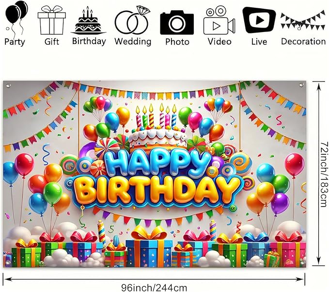 Happy Birthday Banner Decrations Colorful Backdrop 96x72 Inch Balloons Confetti Cake Background Decoration for Kids Boys Girls Photo Booth Party Supplies For Girls or boys gifts