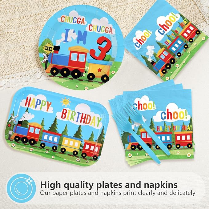 96 Pcs Train 3rd Birthday Party Decorations Chugga Chugga I'm 3 Plates and Napkins Disposable Railroad Transportation Tableware Set for Kids Train Theme 3 Years Old Birthday Party Supplies Serves 24
