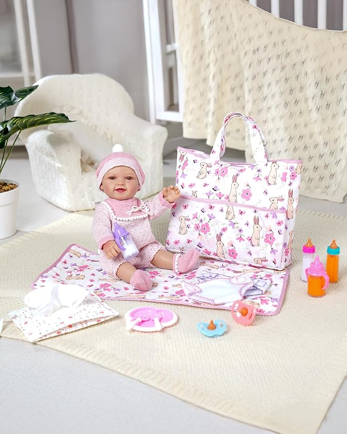 BABESIDE Baby Doll Accessories – 12 Pcs Baby Doll Diaper Bag Playset with Changing Mat & Magic Bottles, Role Play Gift for Girls 3+, Fits Dolls up to 20 Inch (Doll Not Included)