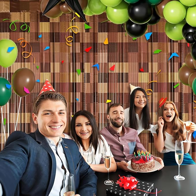 2 Pack Brown Foil Fringe Curtains Birthday Decorations Pixel Tinsel Backdrop, 3.2x6.6ft Video Game Door Streamers Gamer Birthday Party Decorations Supplies Favors