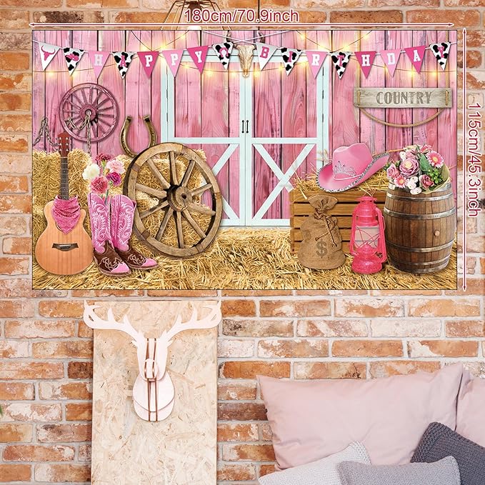 Cowgirl Birthday Party Supplies Western Party Decorations Includes 65pcs Cowgirl Balloons and 1pcs Western Backdrop for Cowboy Rodeo Birthday Country Decorations Supplies(Pink)