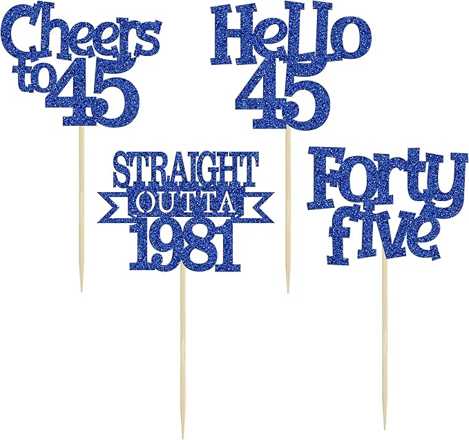 Ephlyn 24Pcs 45th Birthday Cupcake Toppers Glitter Straight Outta 1981 Cupcake Picks Hello 45 Cheers to 45 Years Cake Decorations for 45th Birthday Anniversary Party Decorations Supplies Blue