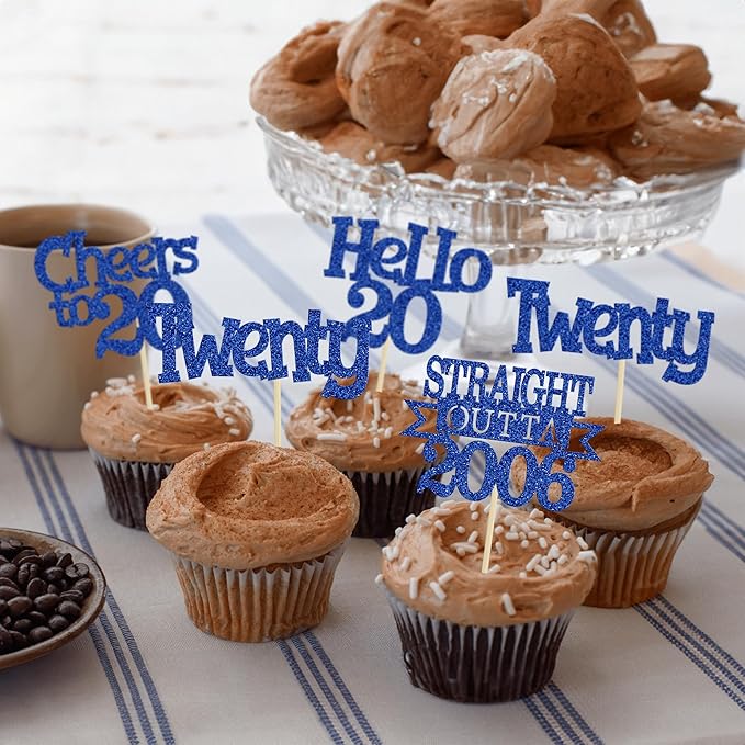 Ephlyn 24Pcs Happy 20th Birthday Cupcake Toppers Glitter Straight Outta 2006 Cupcake Picks Hello 20 Cheers to 20 Years Cake Decorations for 20th Birthday Anniversary Party Decorations Supplies Blue